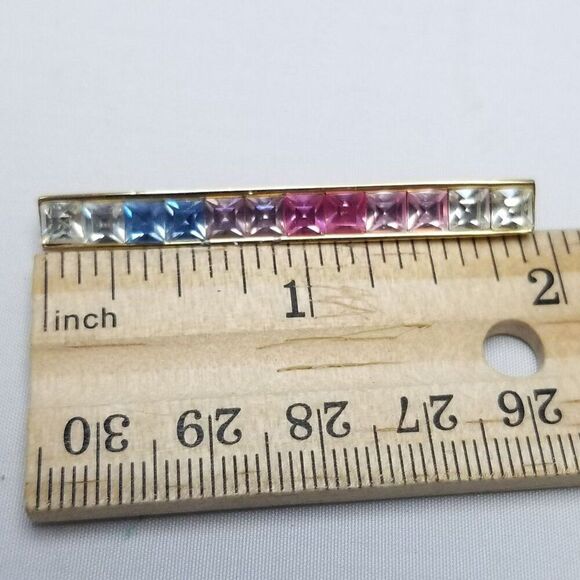 Vintage Givenchy Pastel Pink Blue Rhinestone Bar Brooch, Gold Tone, Signed Estat - Picture 5 of 7